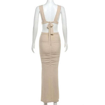 O ring textured hollow out self tie ruched tank cut out maxi dress