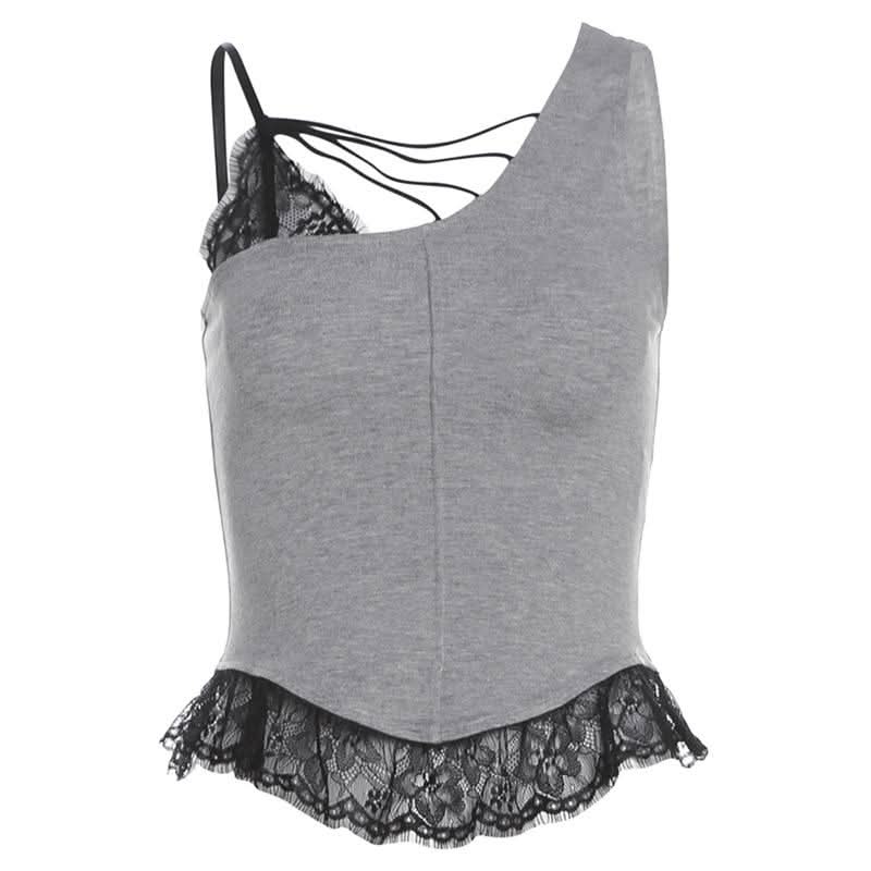 Irregular lace hem hollow out stitch patchwork cut out top