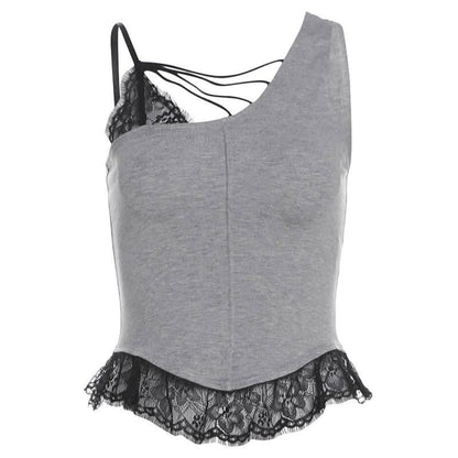 Irregular lace hem hollow out stitch patchwork cut out top
