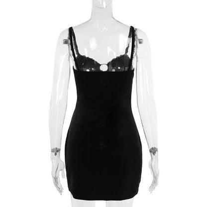 Beaded o ring hollow out lace hem cami cut out mini dress