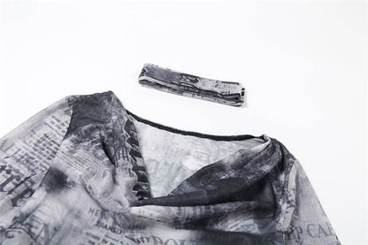 Cowl neck long sleeve mesh abstract print top
