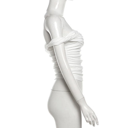 Irregular off shoulder ruched solid top