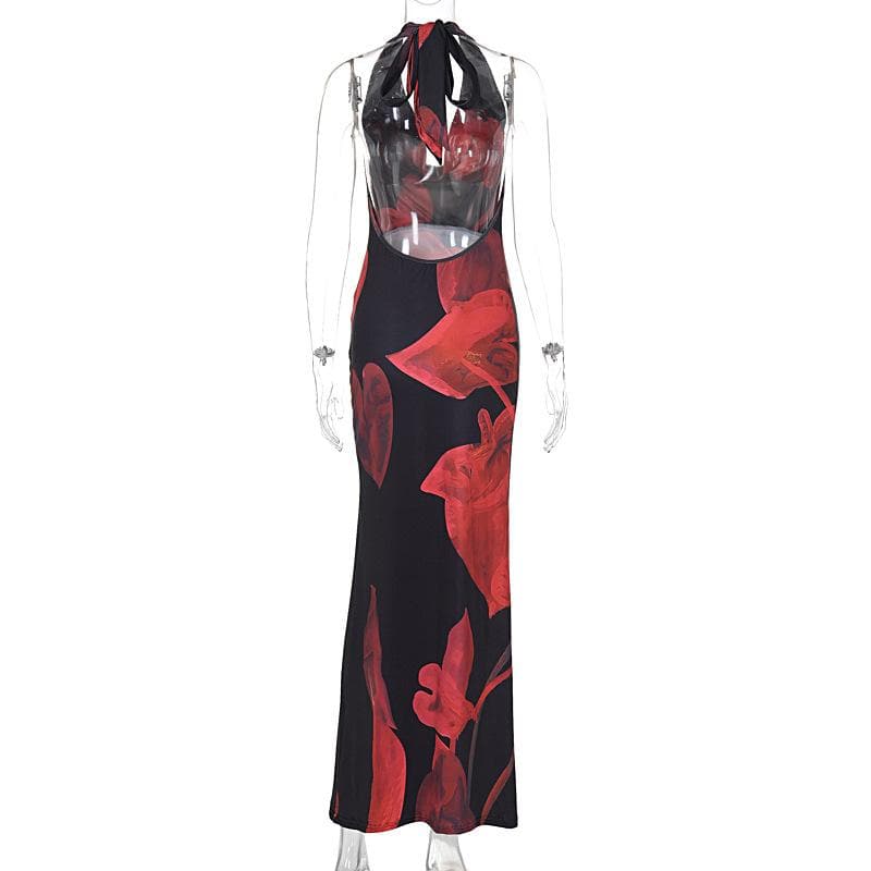 Halter cowl neck backless print maxi dress