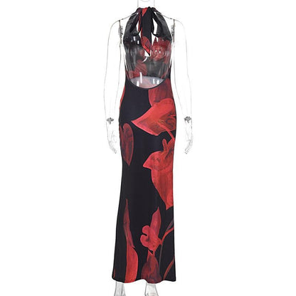 Halter cowl neck backless print maxi dress