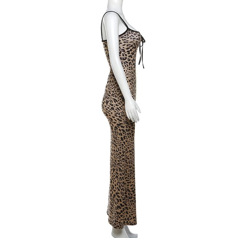 Leopard print hollow out backless cami cut out maxi dress
