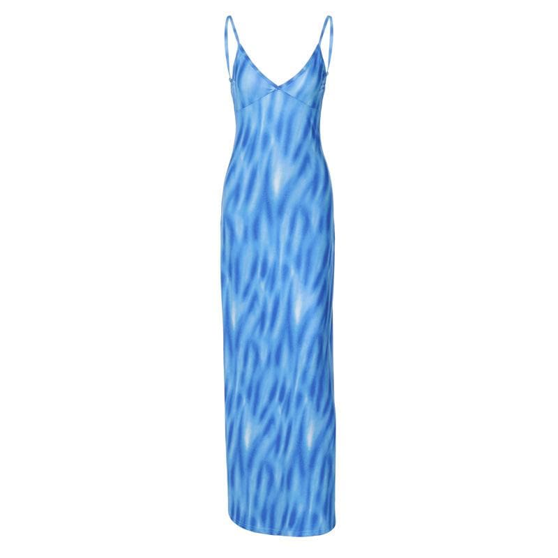 V Neck Spaghetti Strap Abstract Swirl Print Bodycon Maxi Dress