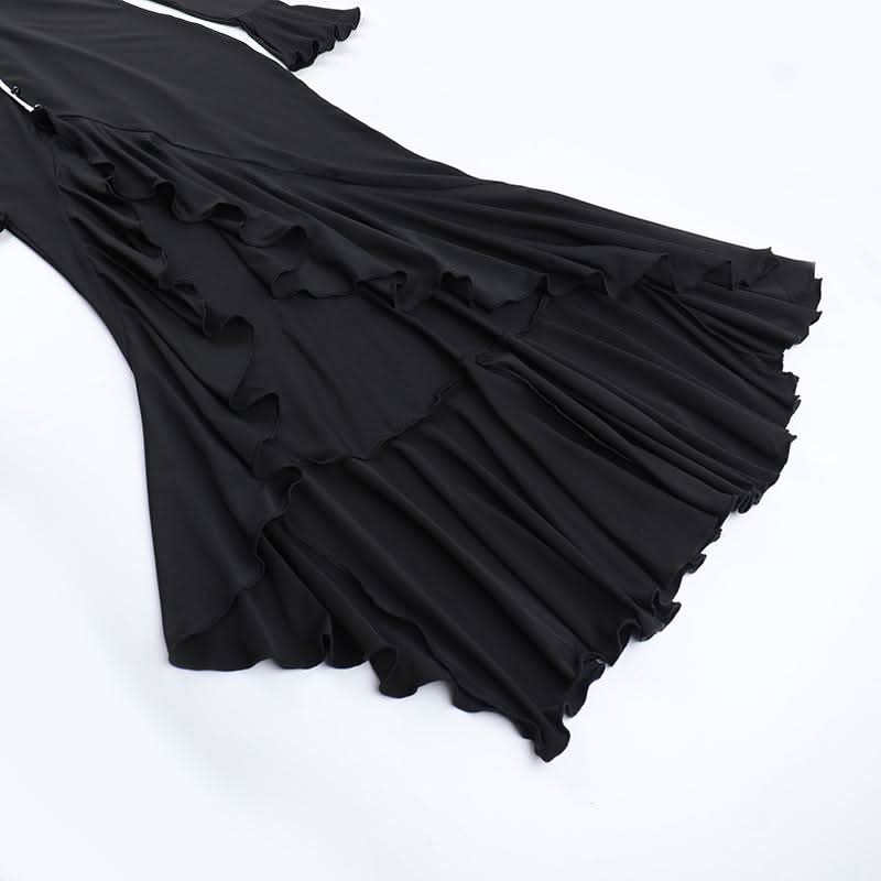 Long flared sleeve v neck button slit ruffle maxi dress