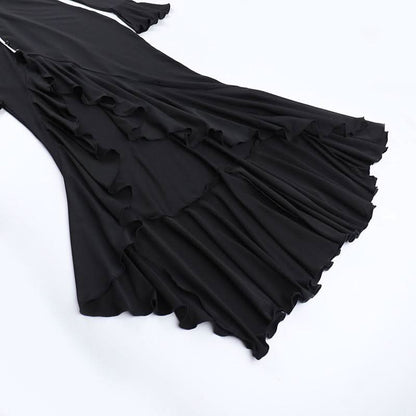 Long flared sleeve v neck button slit ruffle maxi dress