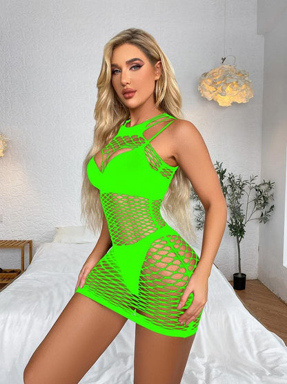 Fishnet solid strappy open cup tank mini dress