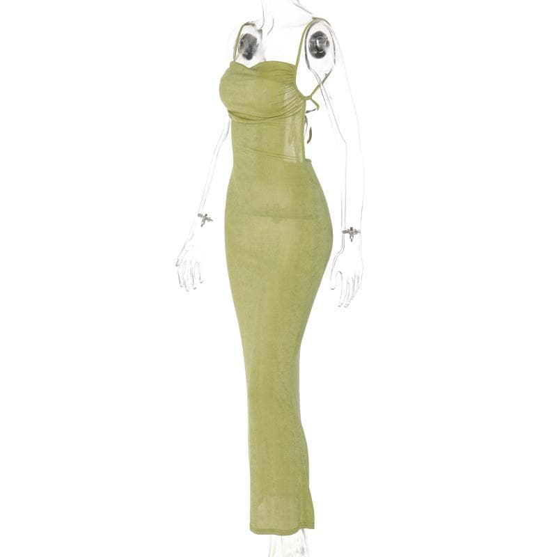 Square Neck Ruched Self Tie Backless Sleeveless Midi Dress