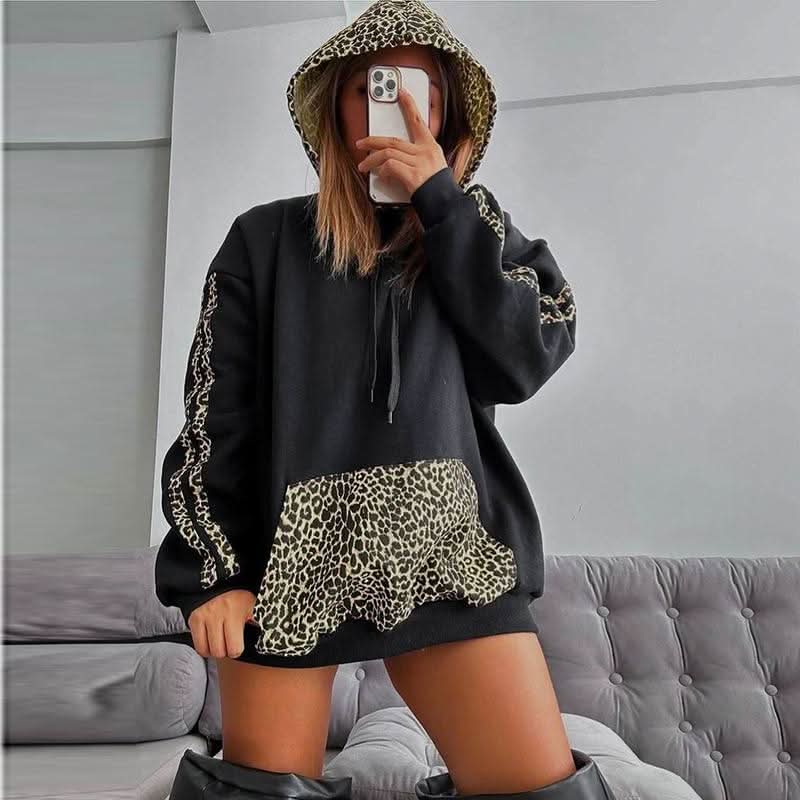 Hoodie long sleeve leopard print pocket top