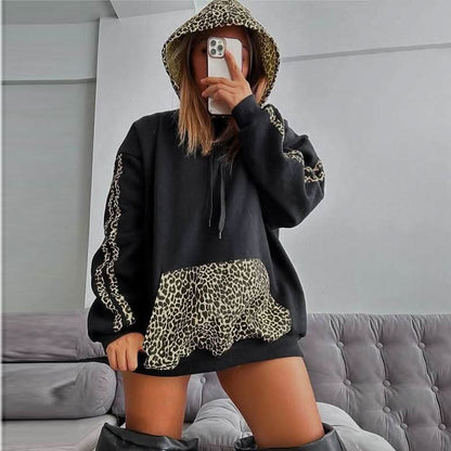 Hoodie long sleeve leopard print pocket top