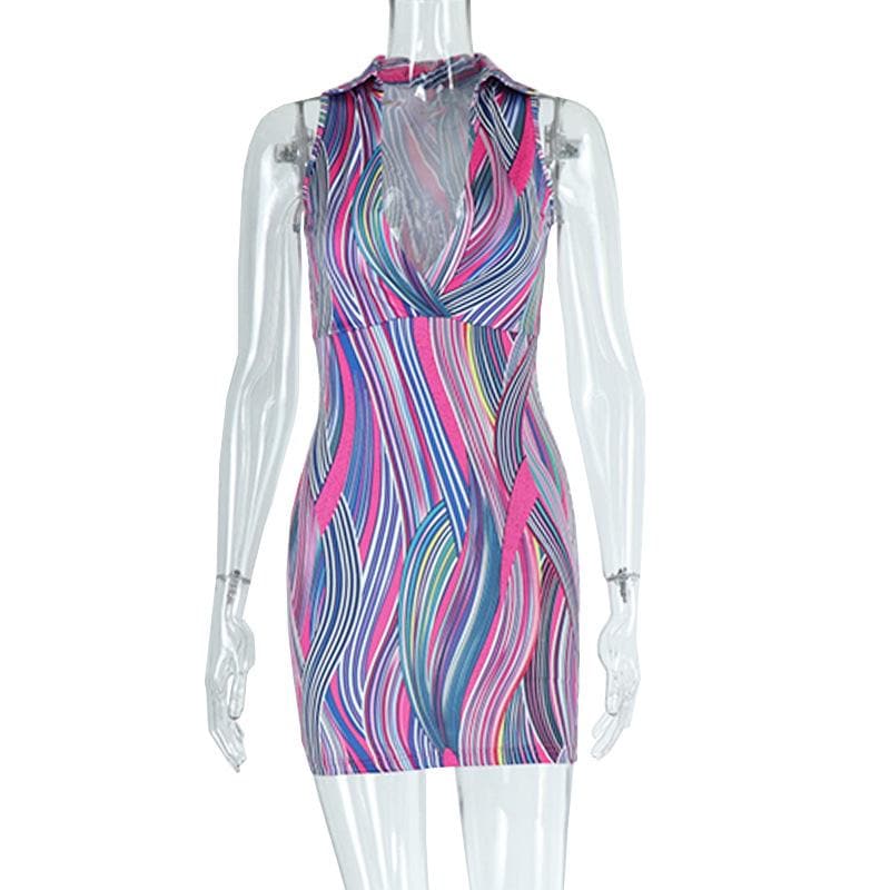 Abstract Stripe Print Point Collar Plunging V-Neck Lace Panel Mini Dress