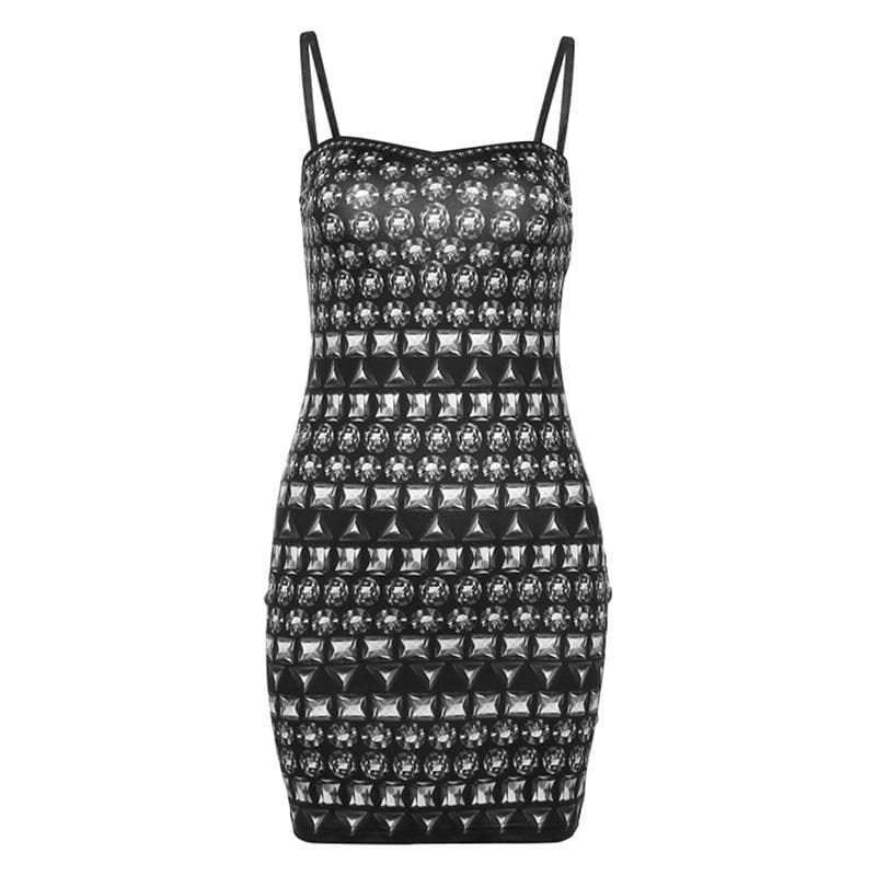 Spaghetti Strap Stud and Jewel Graphic Print Bodycon Mini Dress