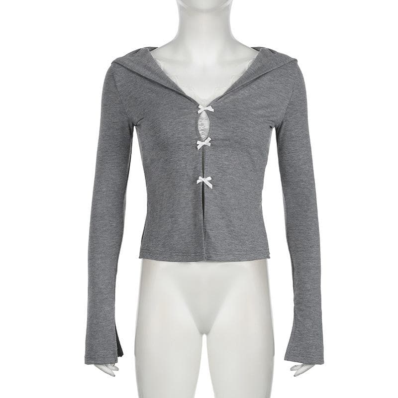 Long sleeve lace hem bowknot top