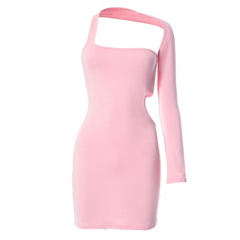 One Shoulder Long Sleeve Waist Cutout Bodycon Mini Dress