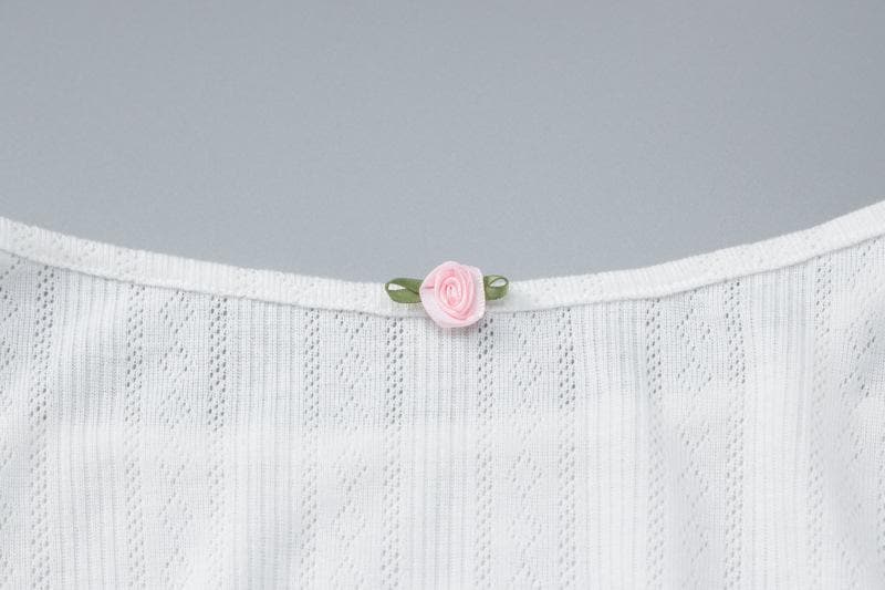Pointelle Rib Knit Spaghetti Strap Rosebud Applique Tiered Ruffle Mini Dress