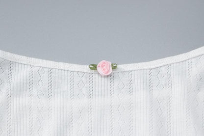 Pointelle Rib Knit Spaghetti Strap Rosebud Applique Tiered Ruffle Mini Dress