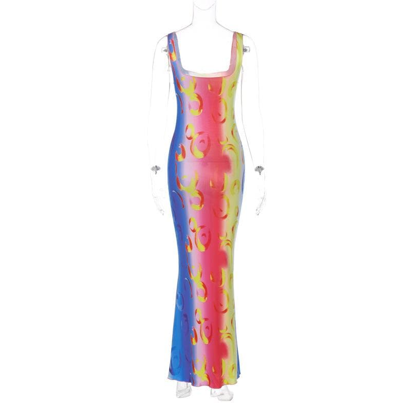 Abstract Bubble Ring Print Scoop Neck Bodycon Midi Dress