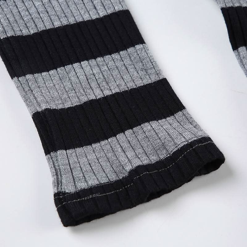 Hoodie v neck long sleeve striped knitted top