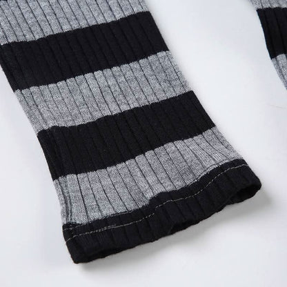 Hoodie v neck long sleeve striped knitted top