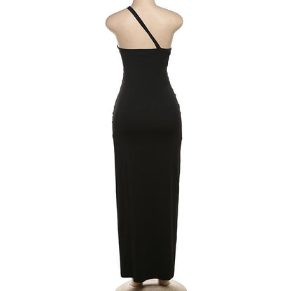 One shoulder hollow out metal applique cut out maxi dress