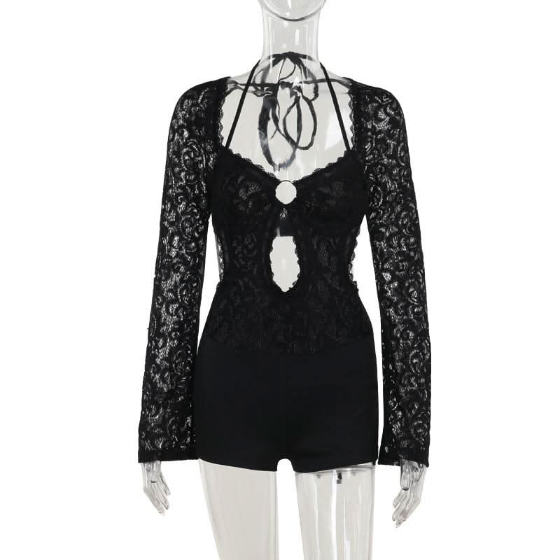 Long sleeve halter self tie lace hollow out romper