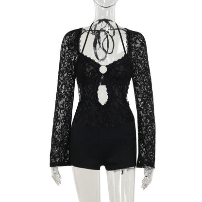 Long sleeve halter self tie lace hollow out romper