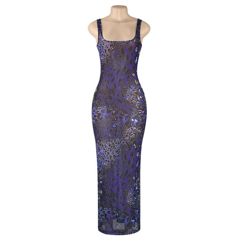 Print u neck hollow out sheer mesh cami cut out maxi dress