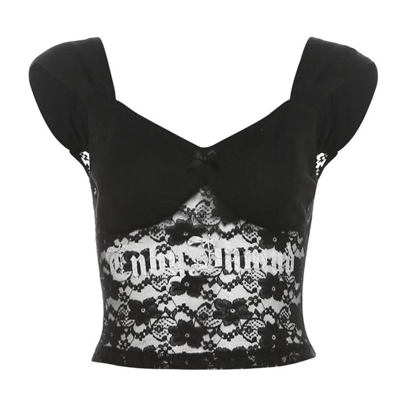 V neck ruched lace bowknot letter pattern backless top
