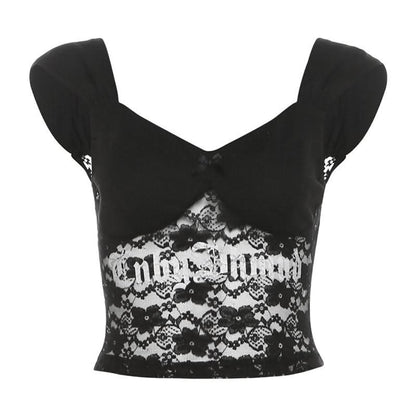 V neck ruched lace bowknot letter pattern backless top