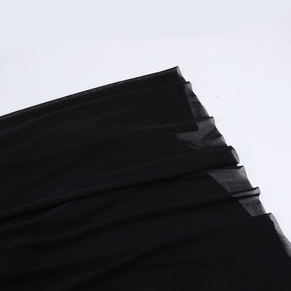 Mesh slit letter print ruffle cami maxi dress