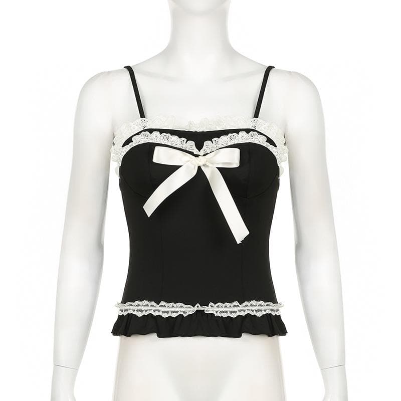 Lace hem ruffle bowknot contrast cami top