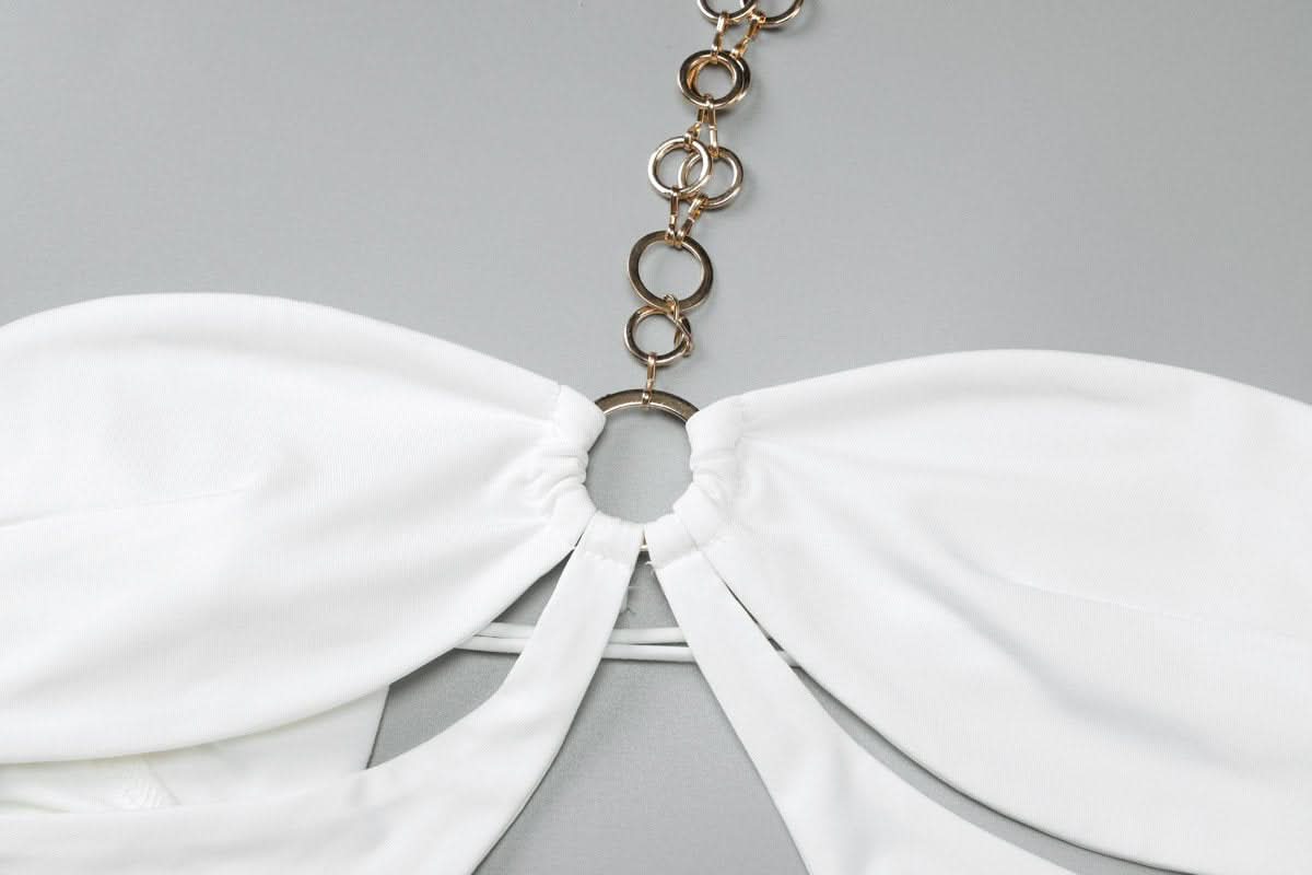 Off shoulder halter o ring hollow out metal chain cut out maxi dress