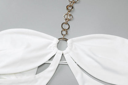 Off shoulder halter o ring hollow out metal chain cut out maxi dress