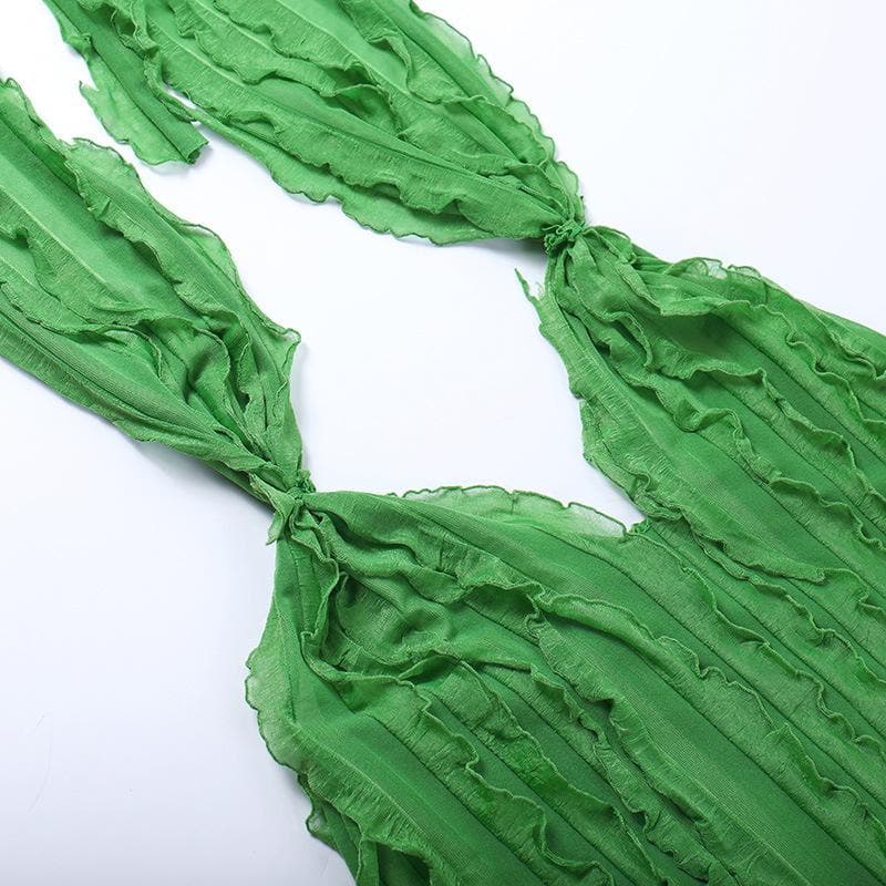 Halter Plunging V Neck Cutout Ruffle Tier Bodycon Maxi Dress