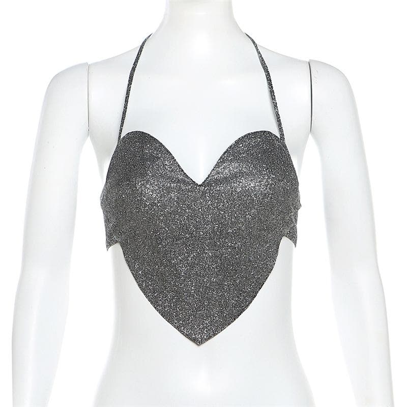 Halter backless zip-up beaded sweetheart neck crop top