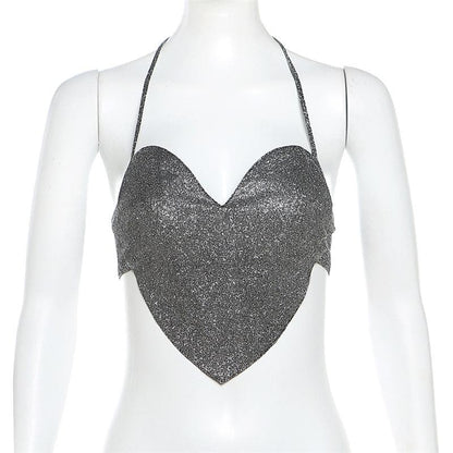 Halter backless zip-up beaded sweetheart neck crop top