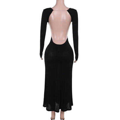 Long sleeve u neck metal chain backless maxi dress