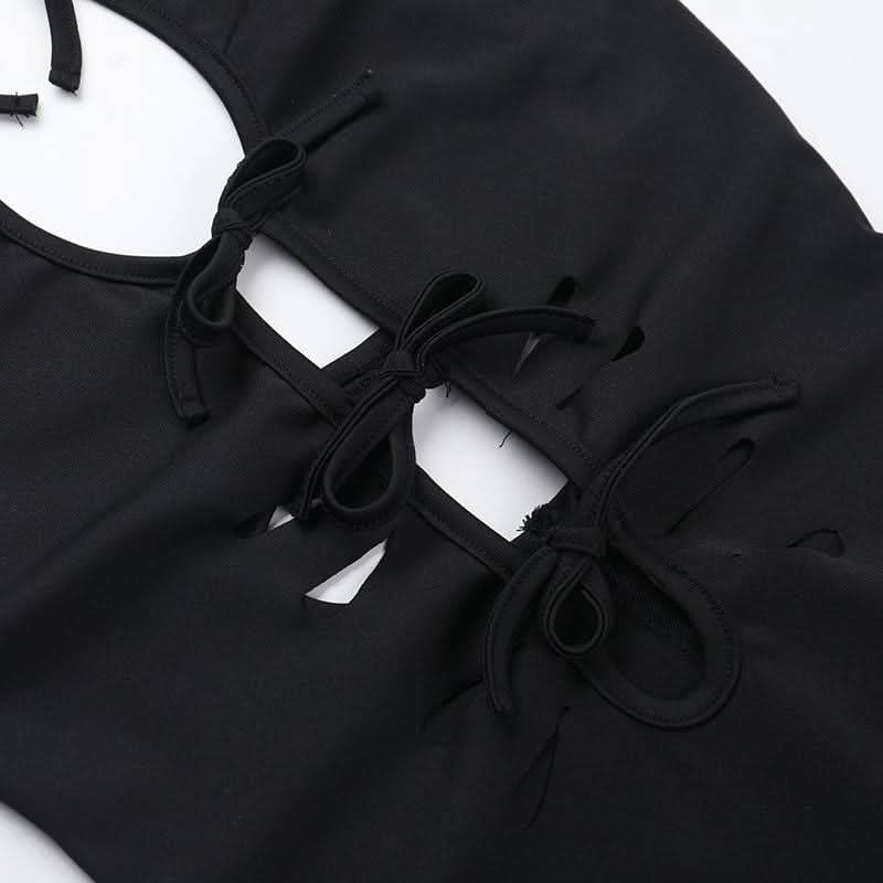 Self tie hollow out crewneck slit solid cut out midi dress