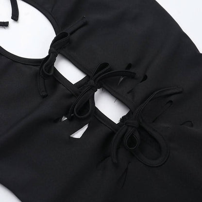 Self tie hollow out crewneck slit solid cut out midi dress