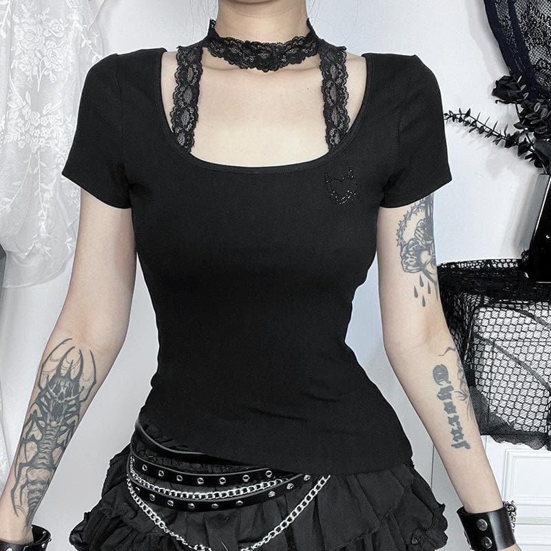 Short sleeve u neck halter lace irregular top