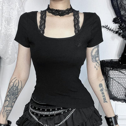 Short sleeve u neck halter lace irregular top