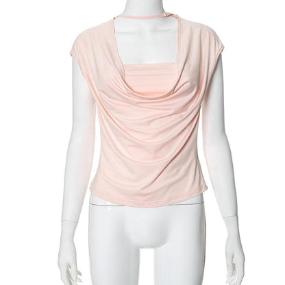 Cap sleeve cowl neck ruched solid top