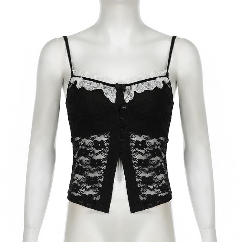 Lace backless button bowknot cami top
