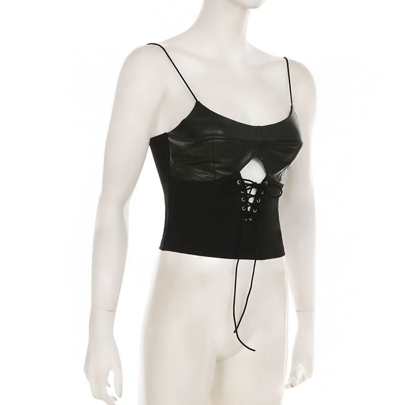 PU leather patchwork lace up cami top