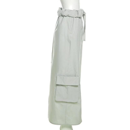 Ruched pocket cargo solid low rise maxi skirt-final-sale