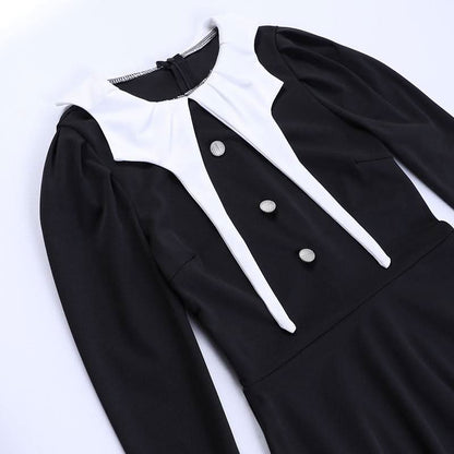 Long sleeve crewneck button applique zip-up midi dress