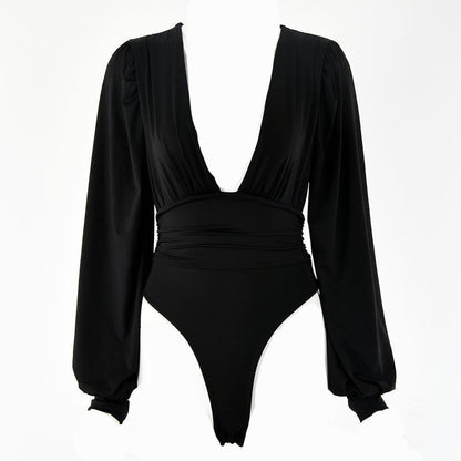 Halibuy Double layered deep v neck ruched solid bodysuit - Final Sale