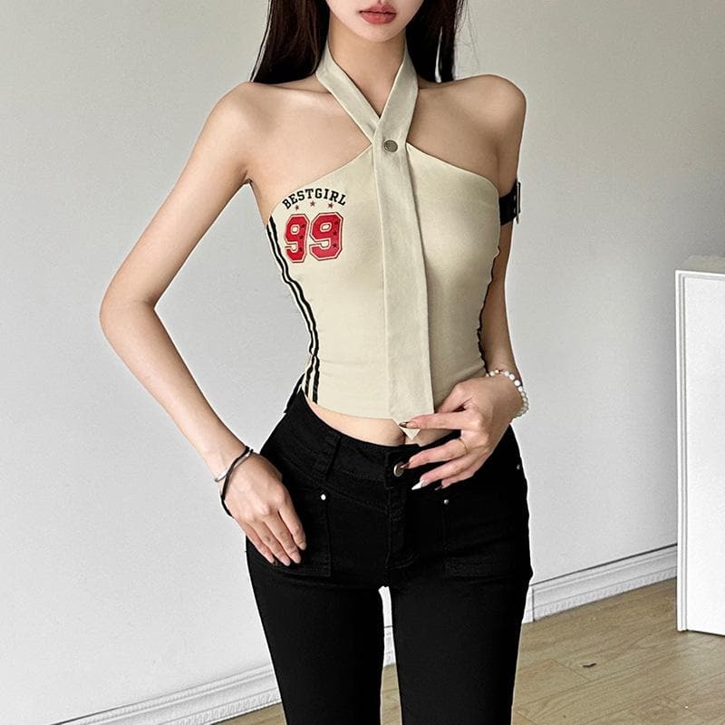 Halter button “99” pattern contrast backless crop top